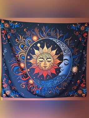 Hippie Sun and Moon Tapestry Wall Art in Blue and Orange